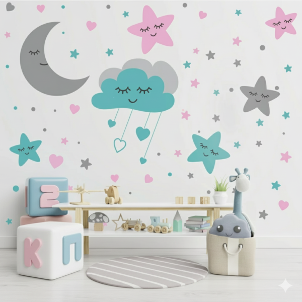 Vinilo Decorativo Noche de Nubes, Luna y Estrellas