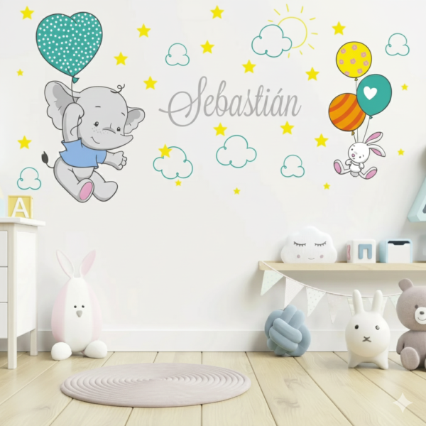 Vinilo Decorativo Elefante y Conejito Volando