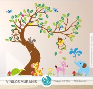 Vinilo Decorativo de Árbol con Animalitos en Colores Vinilo Decorativo de Árbol con Animalitos en Colores